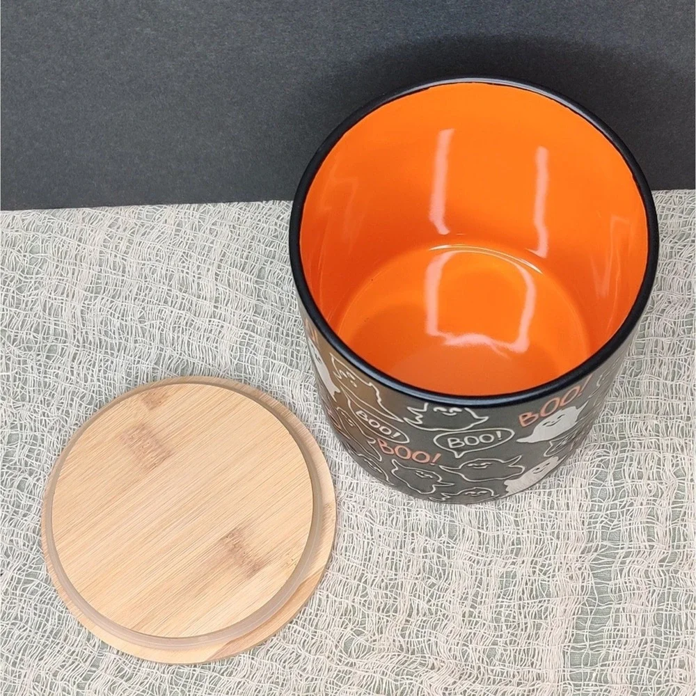 Inhomestylz Matte Black Ceramic Halloween Ghost Cellar Jar BOO